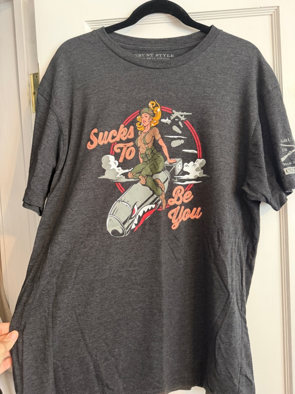 Grunt Style Dark Gray Short Sleeve Tee with Retro Pin-Up Bomb Graphic